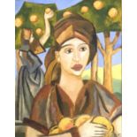 CONTEMPORARY OIL ON CANVAS, FRUIT PICKERS IN AN ORCHARD Indistinctly signed 2003. (43cm x 64cm)