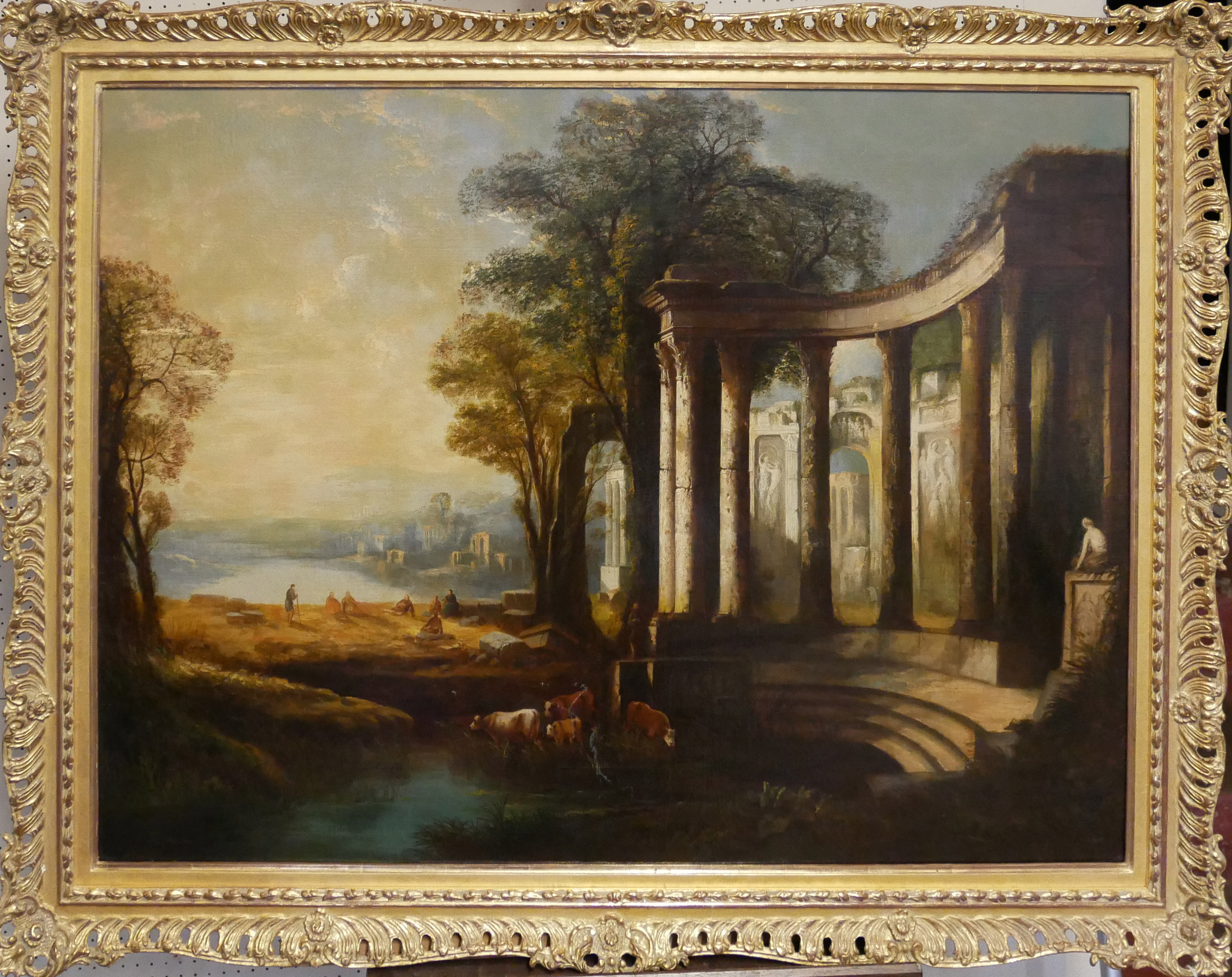 A LARGE 18TH CENTURY OIL ON CANVAS, CLASSICAL ITALIAN RIVER RUIN Landscape, figures, cattle and city - Image 2 of 9