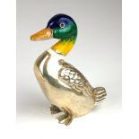 MAPPIN AND WEBB, A SILVER AND ENAMEL MALLARD DUCK PAPERWEIGHT Having enamelled upright head,