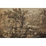 A LARGE 17TH/18TH CENTURY ITALIAN SCHOOL PEN AND INK Landscape, ruin with figures after an