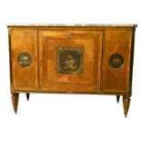 AN 18TH CENTURY DUTCH LOUIS XVI GILT METAL MOUNTED SATINWOOD AND INLAID MARBLE TOP COMMODE The