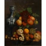 A 19TH CENTURY OIL ON PANEL, STILL LIFE OF FRUITS AND NUTS WITH DELFT TULIP VASE Indistinctly