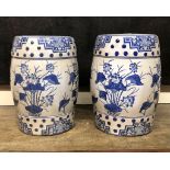 A PAIR OF CHINESE BLUE AND WHITE BARREL GARDEN SEATS Decorated with flora. (h 44cm)