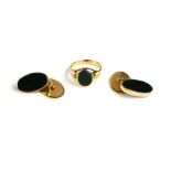 A PAIR OF 9CT GOLD AND BLOODSTONE GENT'S CUFFLINKS Having oval form links, together with gent's