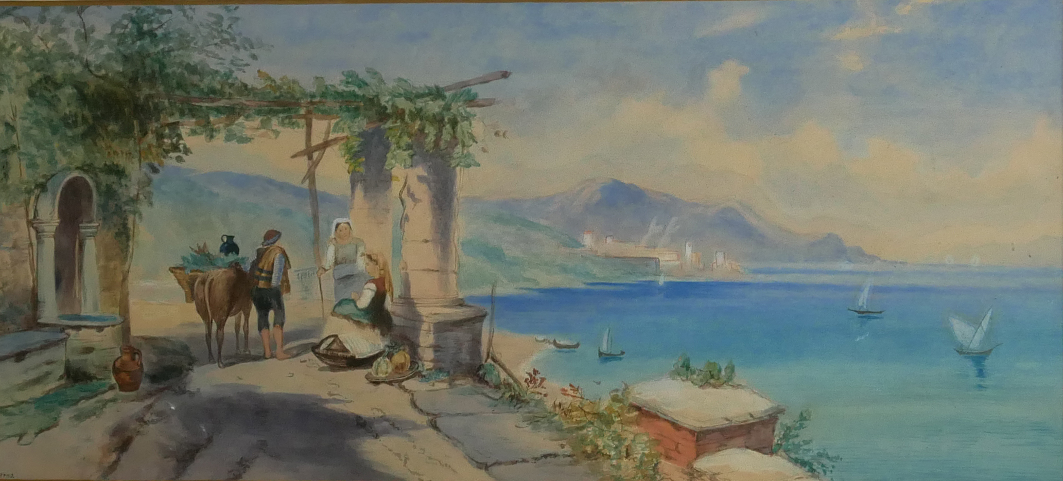 A 19TH CENTURY CONTINENTAL WATERCOLOUR, LANDSCAPE, ITALIAN COASTAL VIEW With figures, bearing