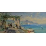 A 19TH CENTURY CONTINENTAL WATERCOLOUR, LANDSCAPE, ITALIAN COASTAL VIEW With figures, bearing