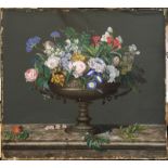 A FINE 19TH CENTURY CONTINENTAL WATERCOLOUR Still life, flowers in an urn on a marble ledge,