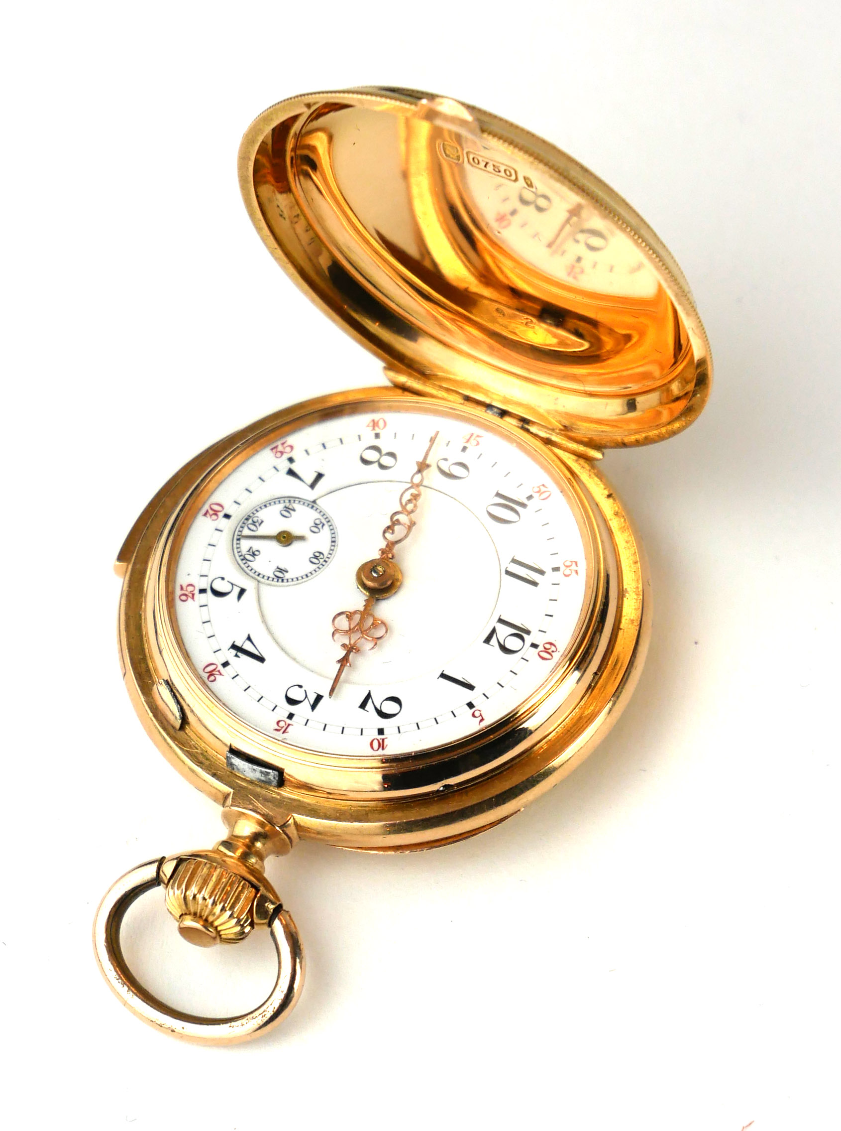 AN 18CT GOLD MINUTE REPEATER LADIES FULL HUNTER POCKET WATCH Having embossed initials to outer case,