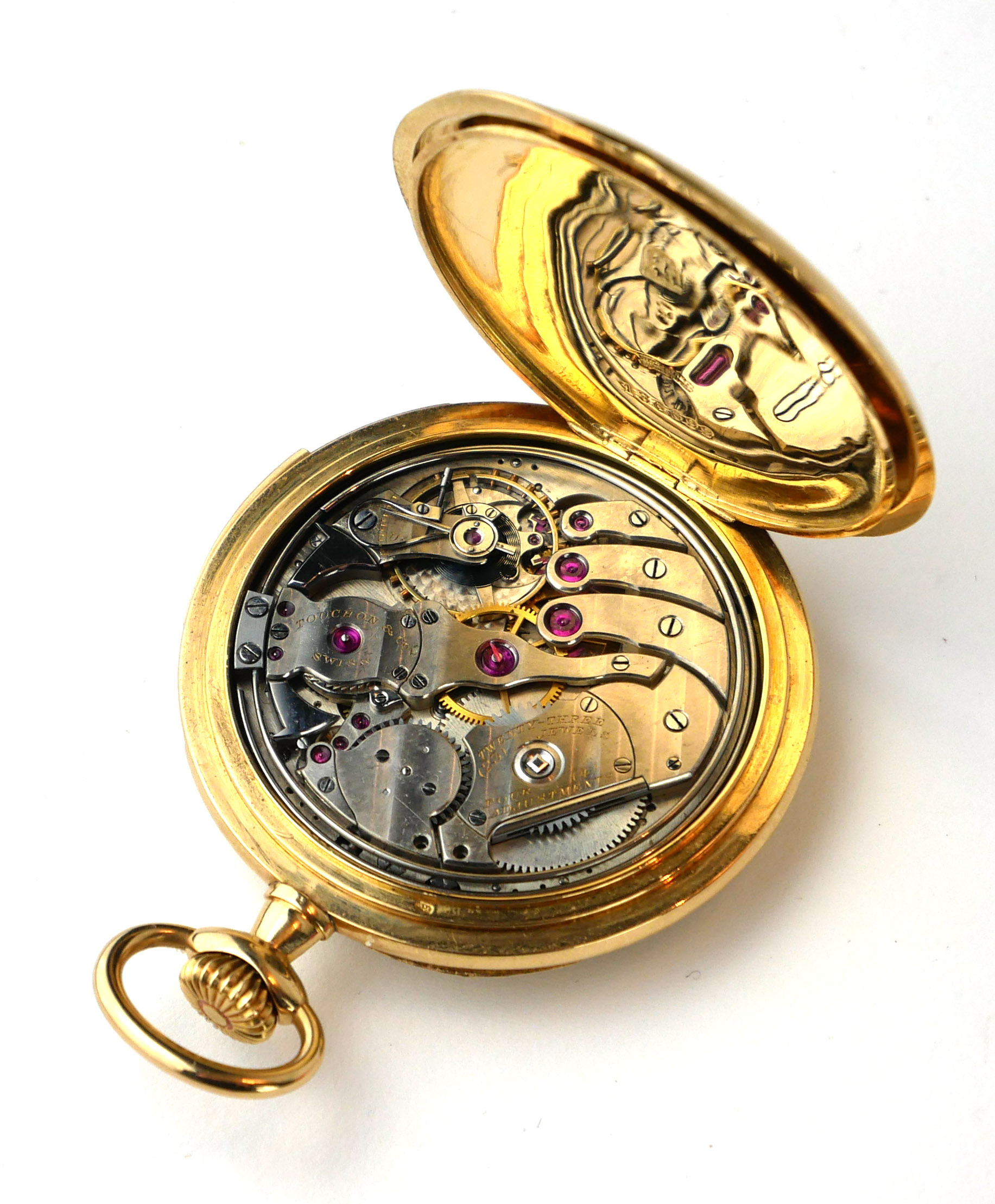 TOUCHON, AN 18CT GOLD SLIM MINUTE REPEATER POCKET WATCH Open face with silver tone dial, Arabic - Image 7 of 7