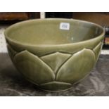 A LARGE CHINESE CELEDON GLAZE BOWL Having incised lotus leaf decoration with square Chinese