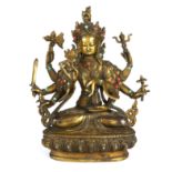 A TIBETAN BRONZE STATUE OF BODHISATTVA With coral and turquoise decoration. (h 22cm)