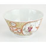 A CHINESE PORCELAIN 'GILT GROUND' TEABOWL Hand painted with two oval pictorial cartouche featuring