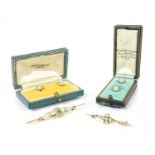 A gold turquoise and split pearl shamrock bar brooch,
