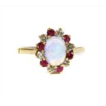 A 9ct gold opal, diamond and ruby cluster ring,