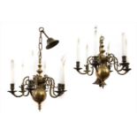 A pair of brass five branch ceiling lights,