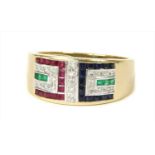 A 9ct gold ruby, sapphire, emerald and diamond ring,