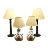 A pair of brass table lamps and shades with brass drops,
