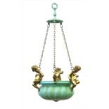 A green patinated metal hanging light,