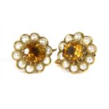 A pair of 9ct gold citrine and split pearl cluster earrings,