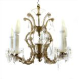 A glass five branch chandelier,