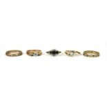 Five 9ct gold rings,