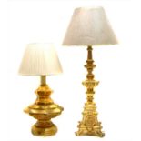 Two giltwood table lamps and shades,