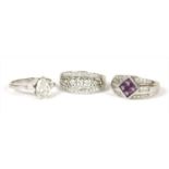 A 14ct white gold amethyst and cubic zirconia ring,