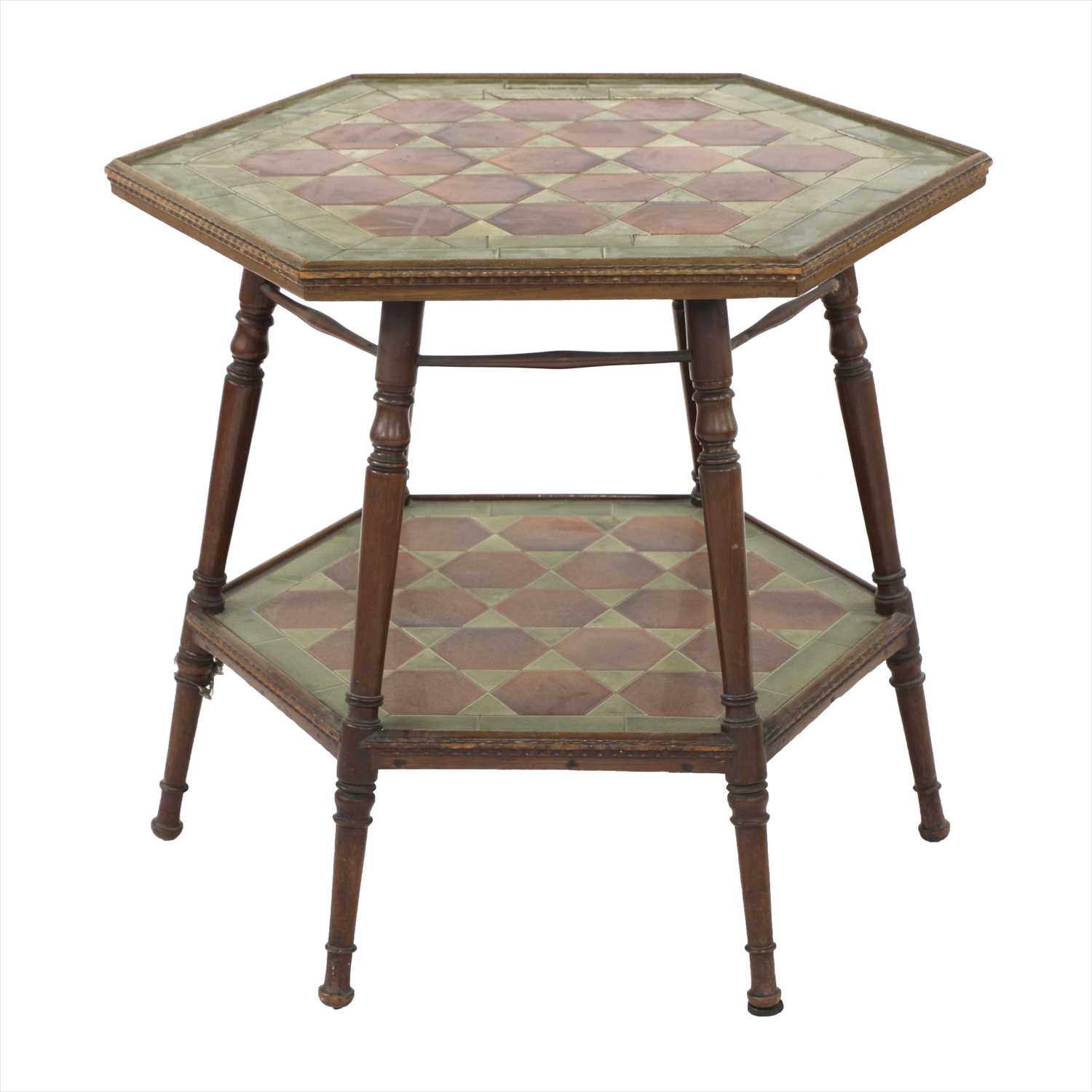 A mahogany and tile top hexagonal table,