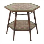 A mahogany and tile top hexagonal table,