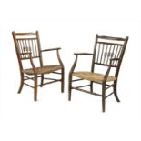 Two Arts & Crafts rush-seated armchairs,