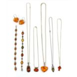 A quantity of silver amber set jewellery,