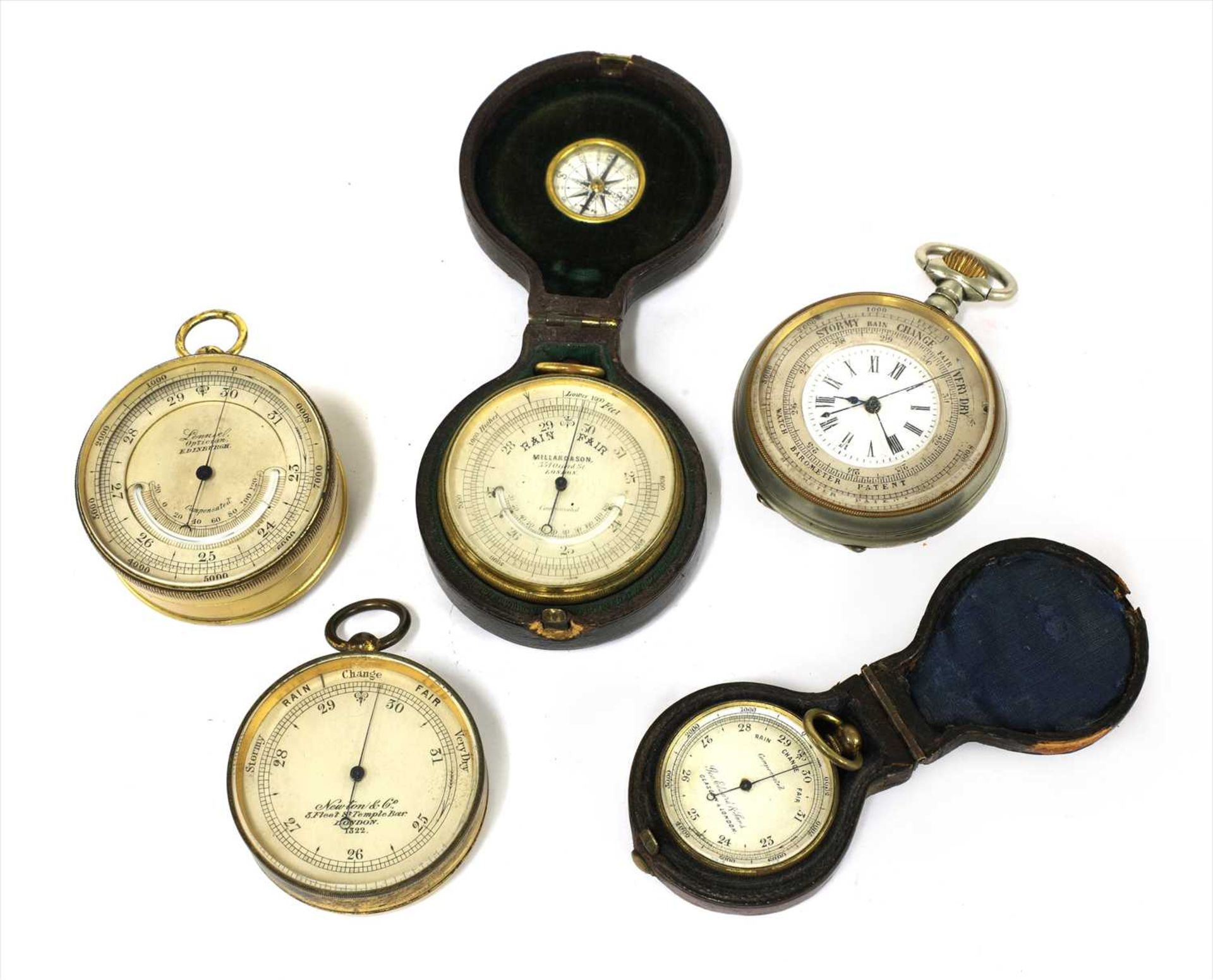 Five pocket aneroid barometers;