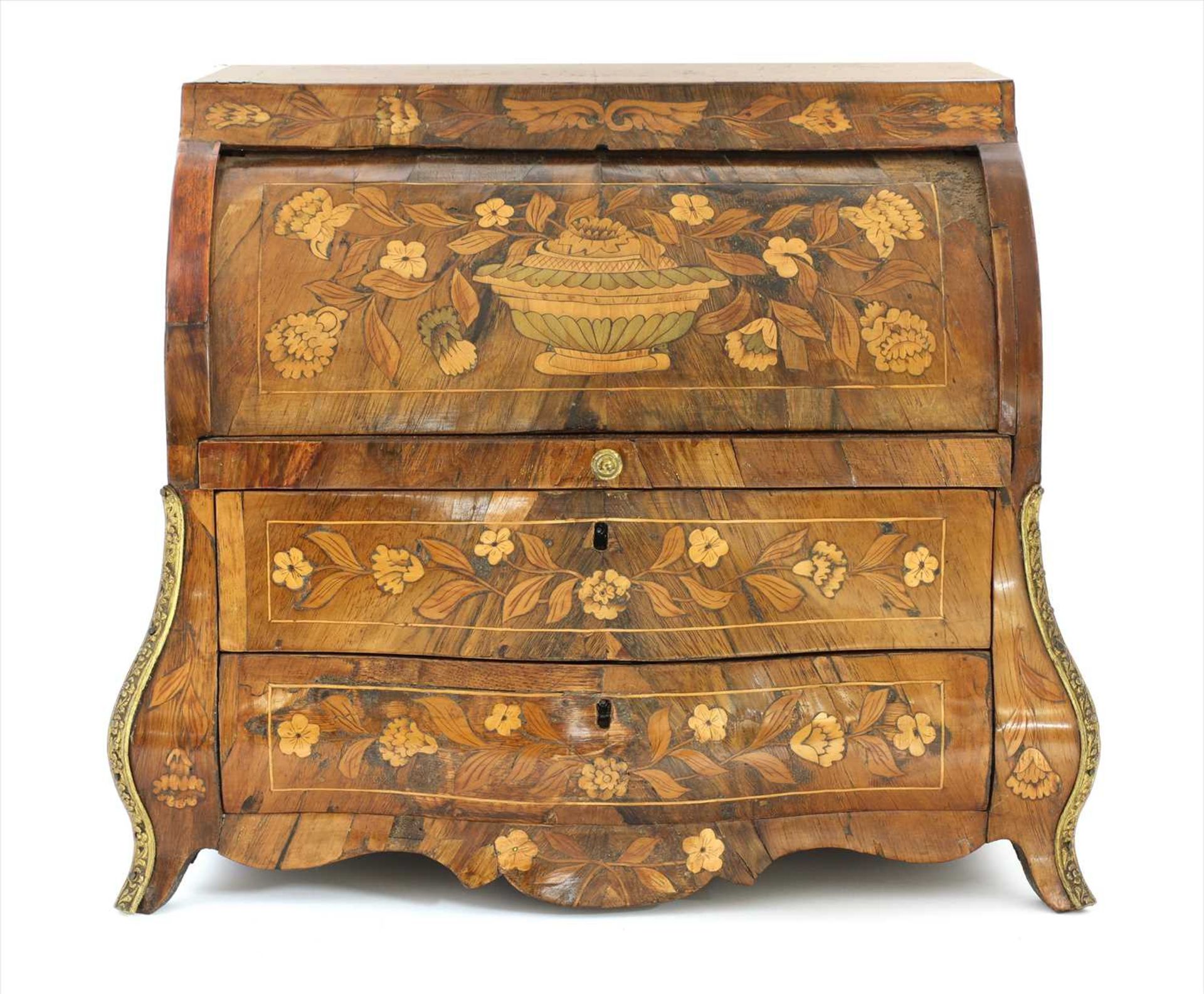 A miniature Dutch floral marquetry bureau à cylindre,