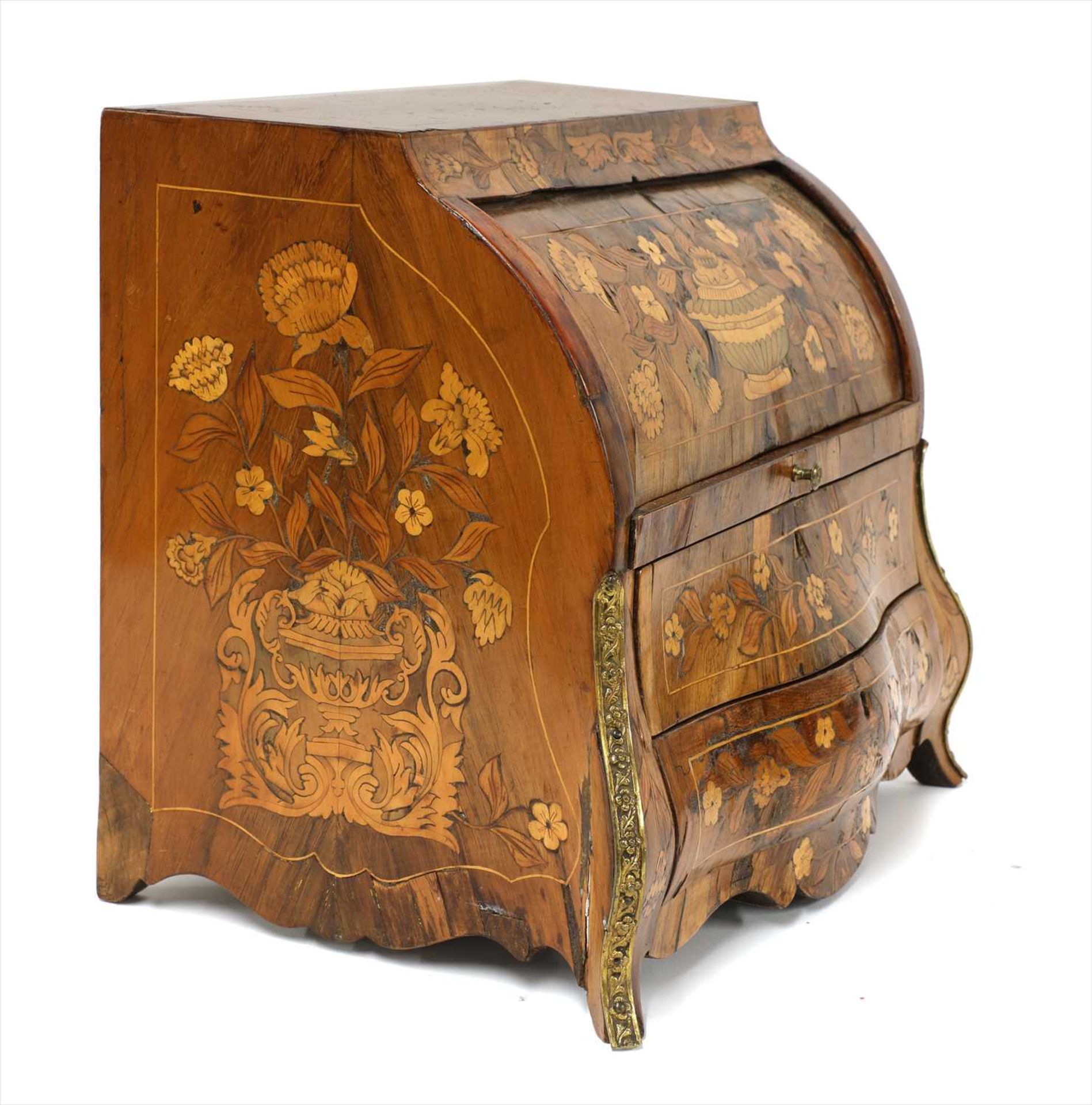 A miniature Dutch floral marquetry bureau à cylindre, - Image 5 of 5