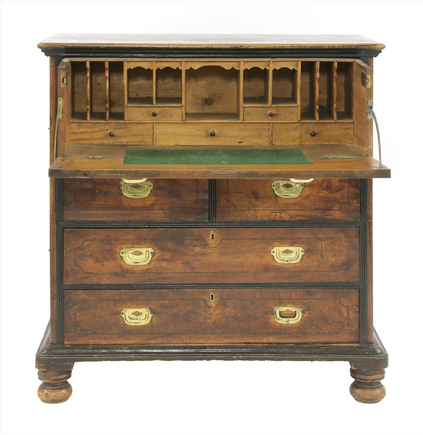 A teak and camphorwood two-section campaign secretaire chest,