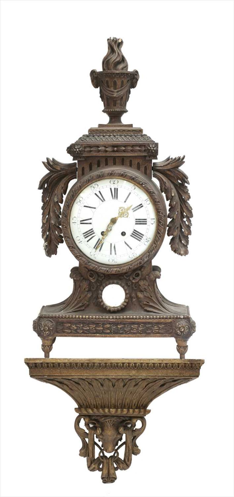 A large French carved giltwood bracket clock and bracket,