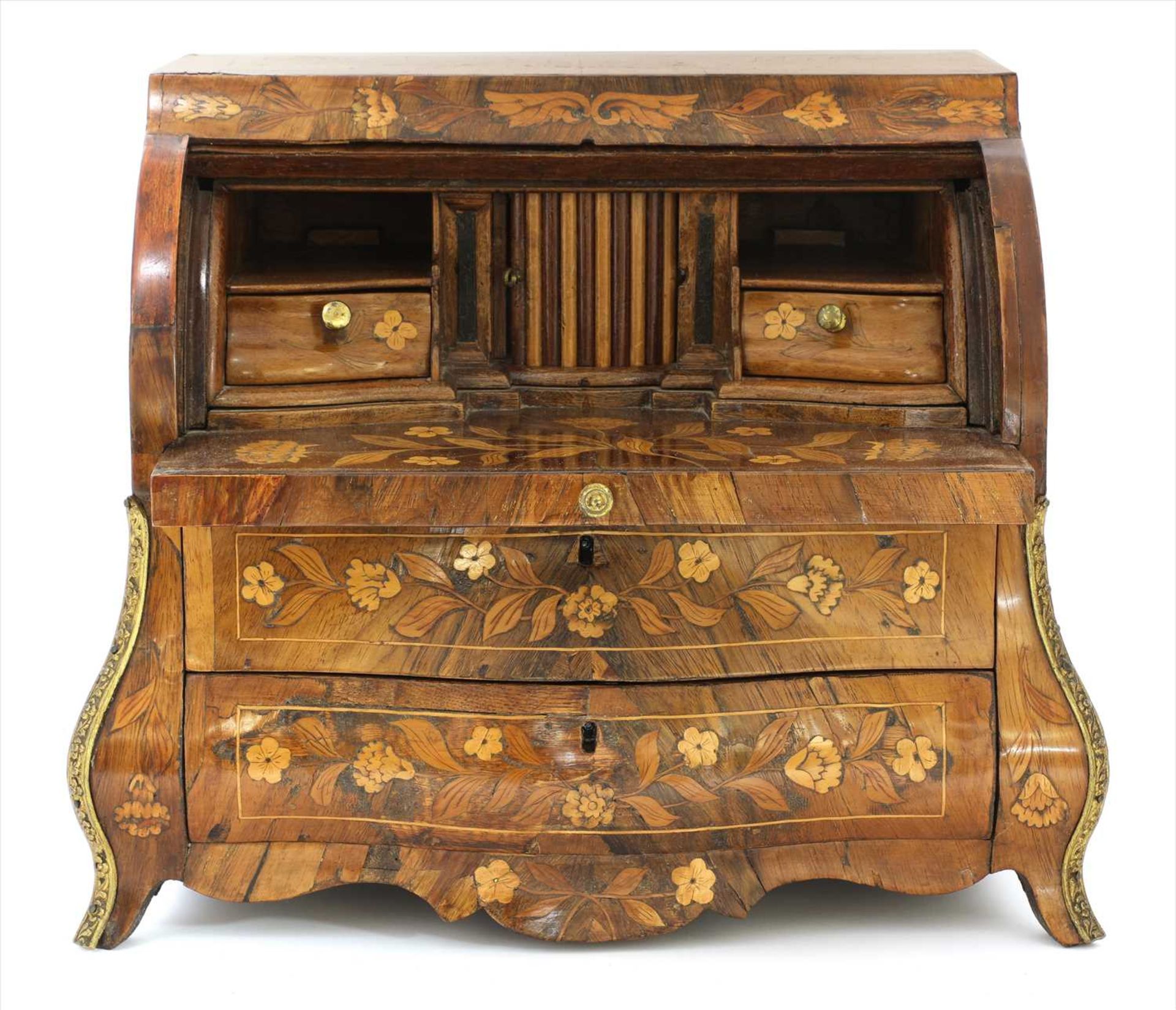 A miniature Dutch floral marquetry bureau à cylindre, - Image 4 of 5