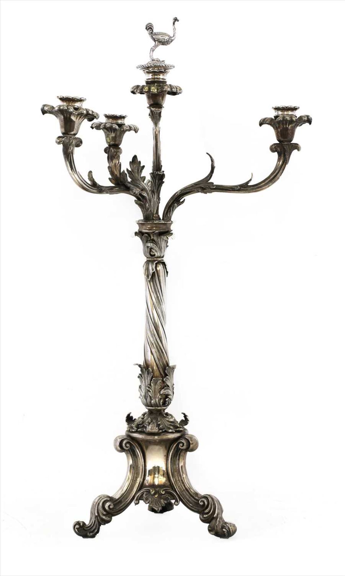 A silver-plated three-branch candelabrum,