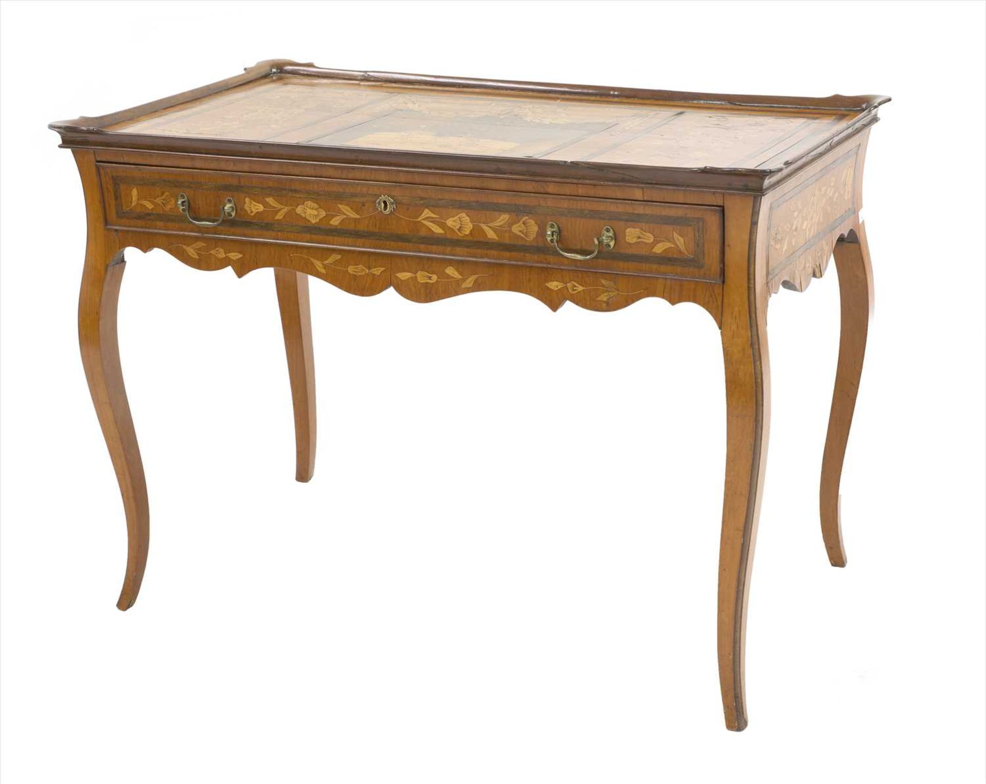 A Dutch satinwood and specimen wood marquetry silver table,