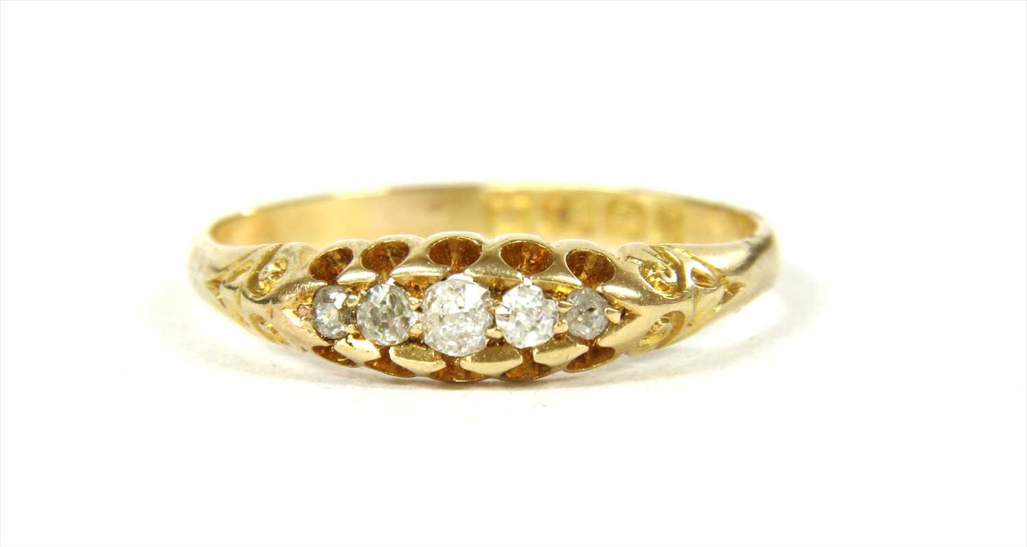 A Victorian 18ct gold boat shaped five stone diamond ring