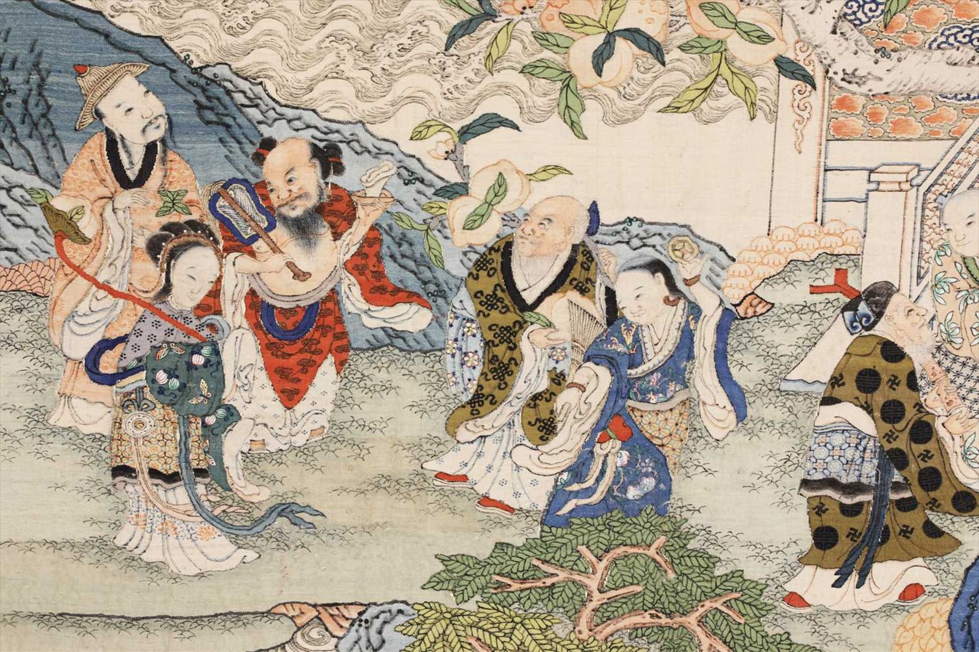 A magnificent Chinese silk kesi 'Peach Festival' hanging scroll, - Image 6 of 6