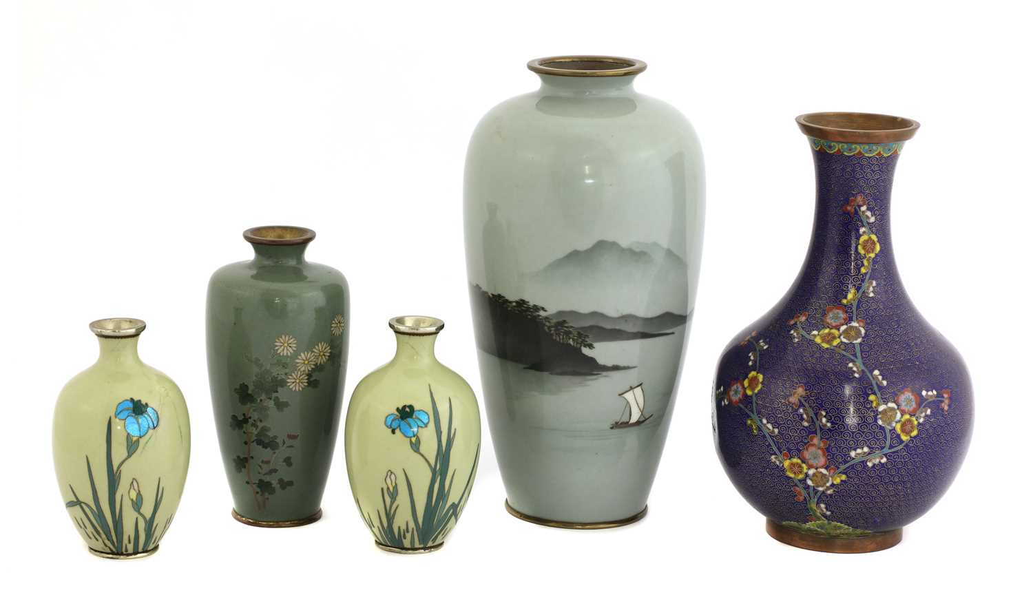 A collection of five Japanese cloisonné vases,