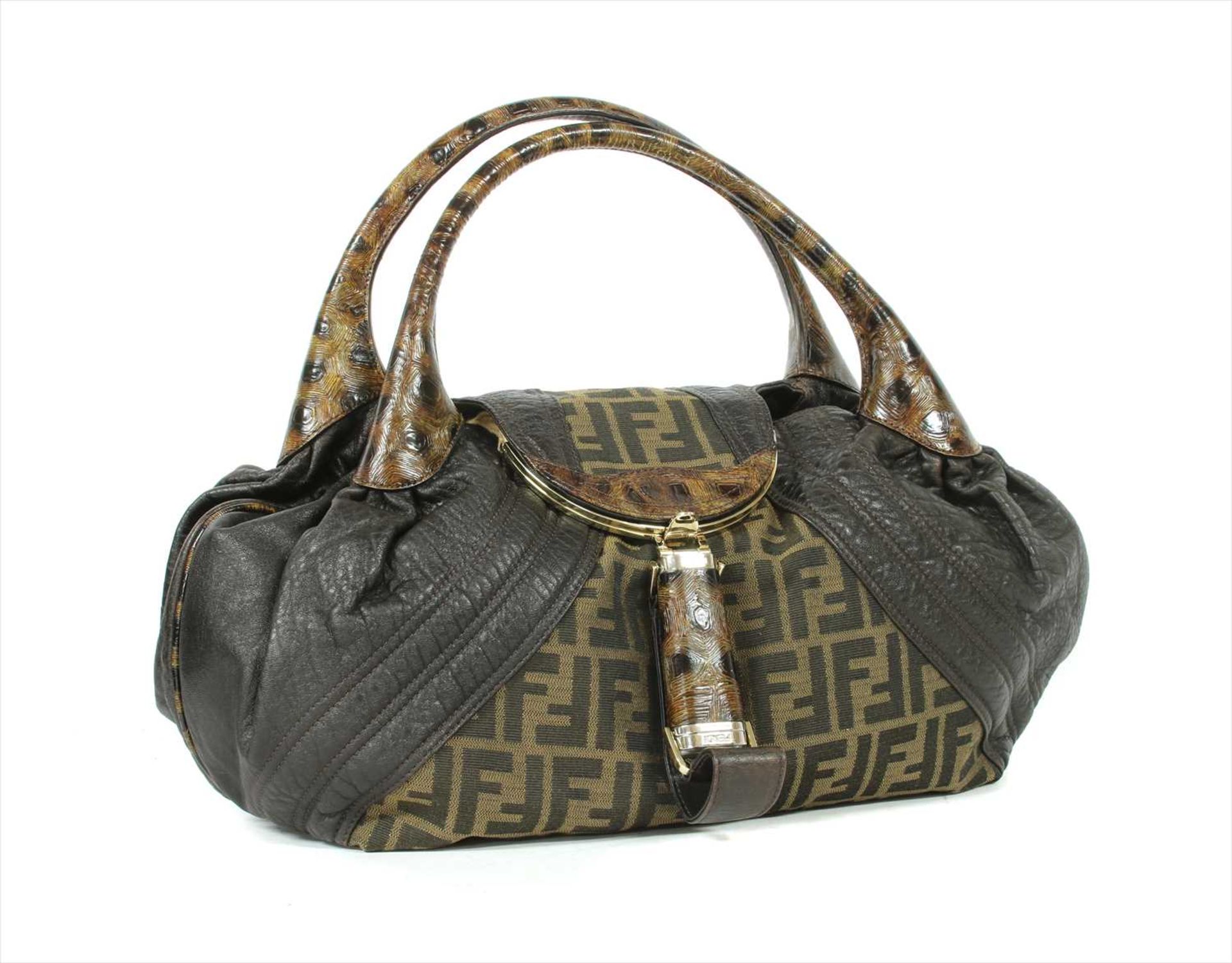 A Fendi brown leather and zucca canvas ‘Spy’ bag