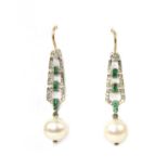 A pair of platinum and gold, diamond, emerald and pearl drop earrings