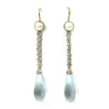 A pair of platinum and gold, aquamarine, diamond and pearl drop earrings