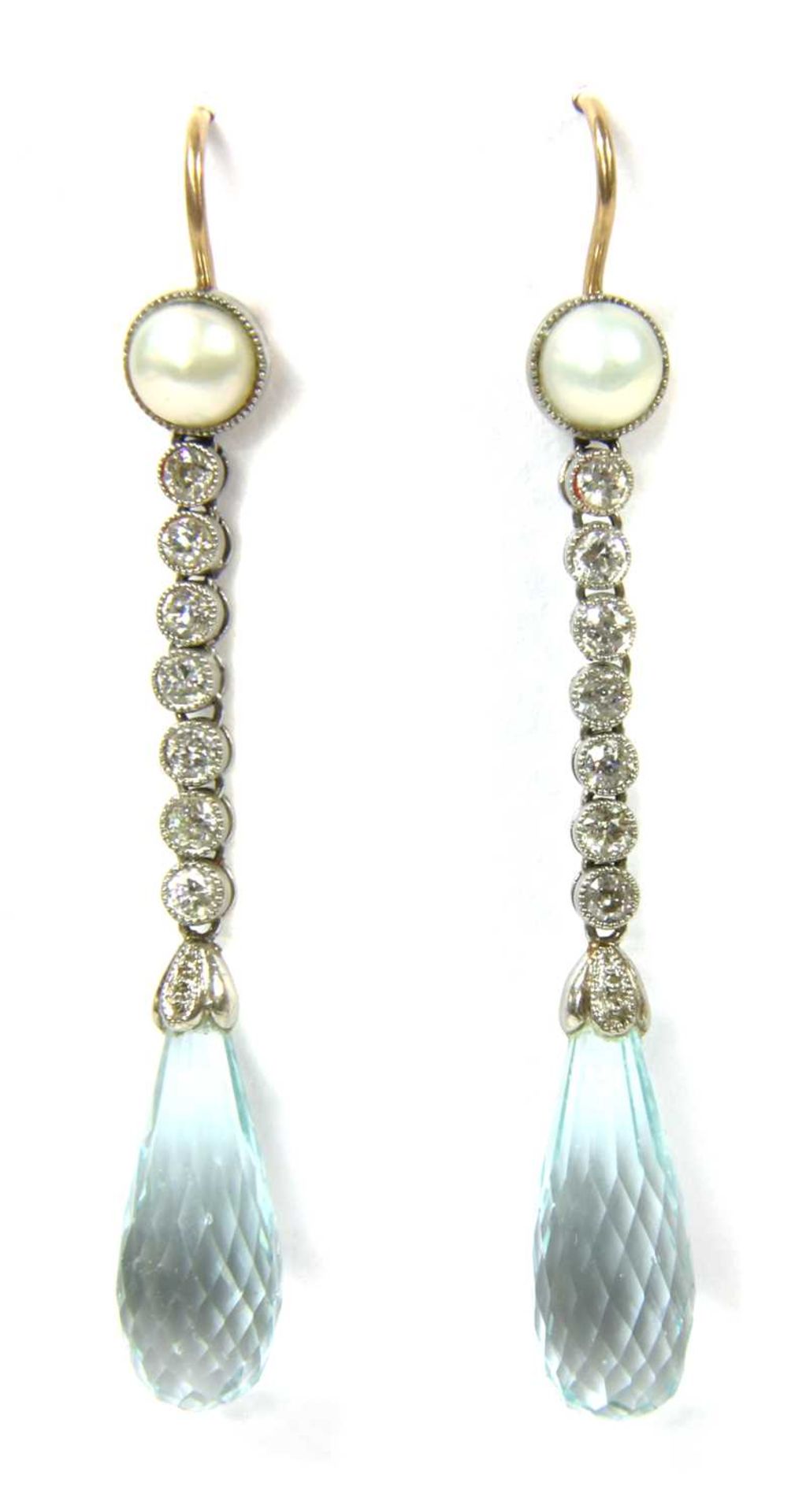 A pair of platinum and gold, aquamarine, diamond and pearl drop earrings