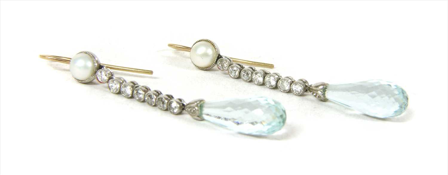 A pair of platinum and gold, aquamarine, diamond and pearl drop earrings - Image 2 of 3