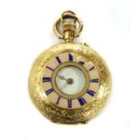 A gold Swiss enamel half hunter style pin set fob watch,