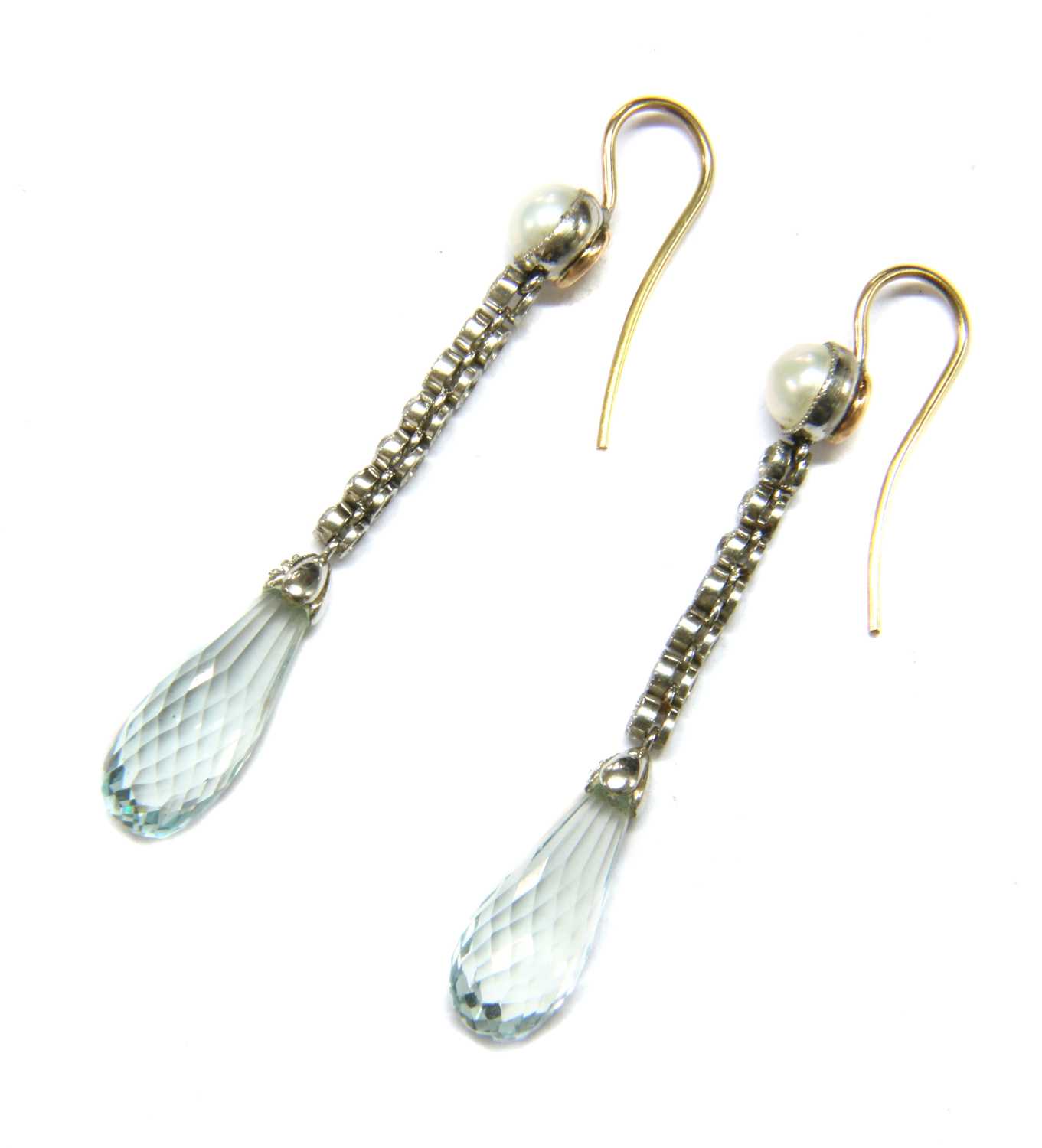 A pair of platinum and gold, aquamarine, diamond and pearl drop earrings - Image 3 of 3