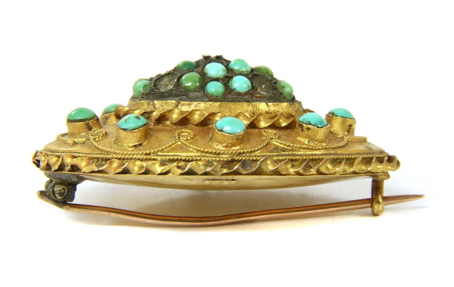 A Victorian Etruscan Revival style gold turquoise brooch, - Image 3 of 4